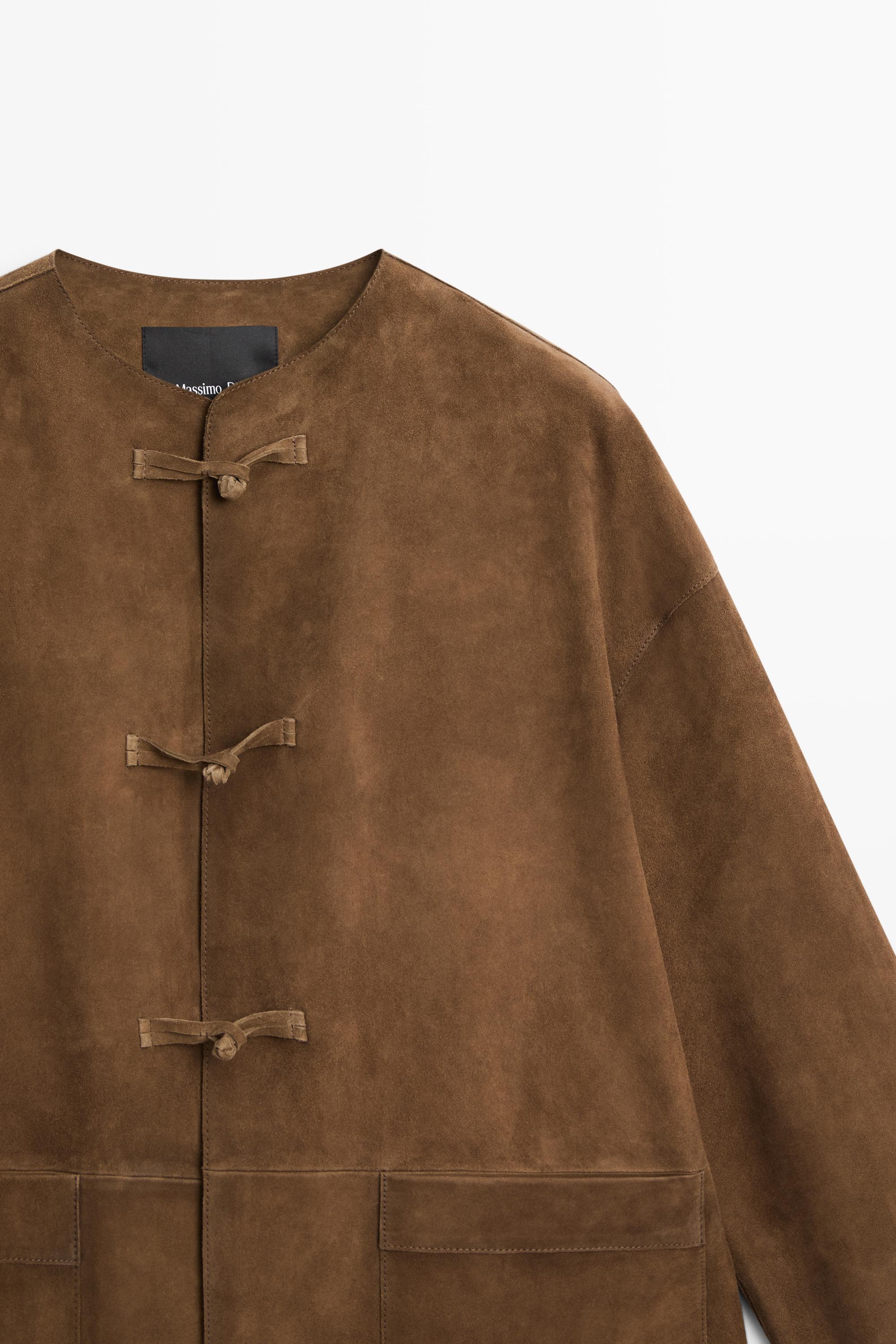 Veste à col officier en cuir finition daim